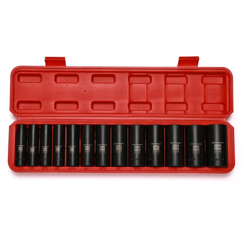 Pro Grade One Half Inch Drive Deep Impact Socket Set, 29-Piece CR-Mo Steel Kit With Metric And SAE Sizes in red case