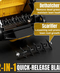 Electric Lawn Dethatcher And Scarifier 16 Inch Wide, 15 Amp Corded Power Rake And Aerator with visible blade and functionality labels