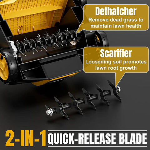 Electric Lawn Dethatcher And Scarifier 16 Inch Wide, 15 Amp Corded Power Rake And Aerator with visible blade and functionality labels