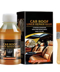 Bottle of car roof liner repair glue with brush, labeled as Car Roof Liner Repair Glue, strong adhesion, easy to use.