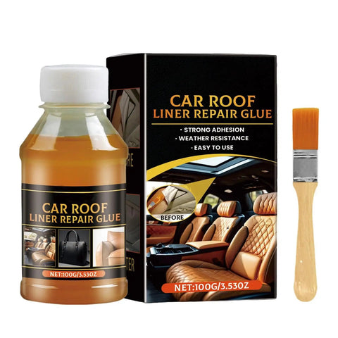 Bottle of car roof liner repair glue with brush, labeled as Car Roof Liner Repair Glue, strong adhesion, easy to use.