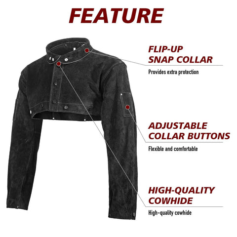 Heavy Duty Welding Cape Sleeve Made From Tough Split Cowhide Leather Flame Resistant Welder Jacket with flip-up snap collar.