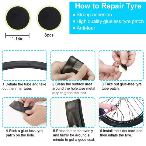 Step-by-step guide using 16 In 1 Bike Repair Kit With Mini 120 Psi Pump Tire Patch Levers Wrench And Valve Tools Portable Pouch Bag.