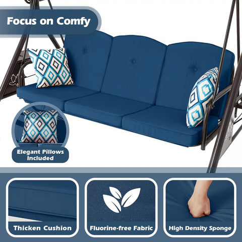800LBS Capacity Patio Swing With Canopy, 3 Seat Outdoor Porch Swing On Stand, detailed blue cushions and pillows shown