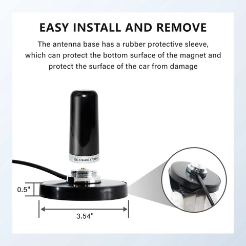 3.5 Inch NMO Dual Band VHF UHF Antenna With Magnetic Base And Coax Cable For CB Ham Radio Marine Mobile And Two Way Radios NMO Mount Cap Two Point Five DBi Gain with illustrated dimensions
