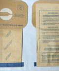 Replacement Heavy Duty 4 Layer Filtration Vacuum Dust Bags Fits Electrolux Canisters Style C 100 Count For Models L E G Super J Golden J Silverado Diamond Jubilee Grand Marquise Ultralux Epic Special Edition Lux Legacy Diplom, showing two brown bags with printed instructions and blue trim.