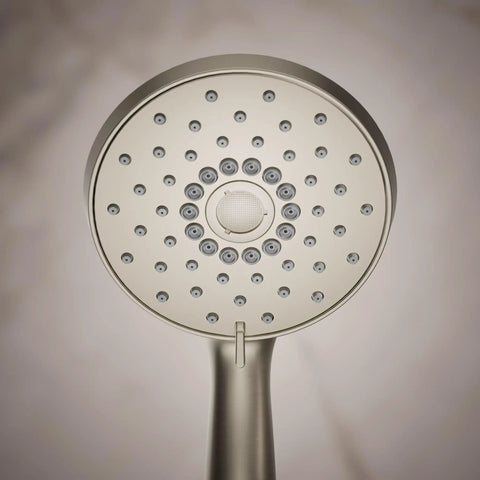 Close-up of Forte Multifunction Hand Shower Head With 3 Spray Modes Full Coverage Pulsating Massage Silk Mist 1.75 GPM Brushed Nickel Finish