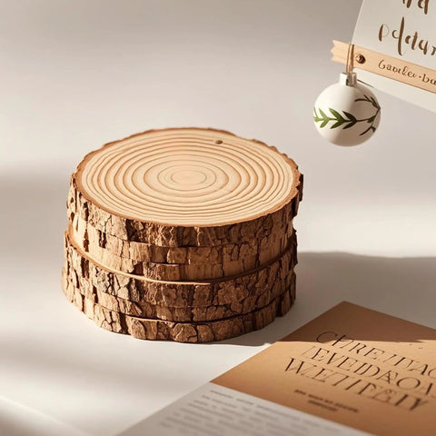 Stack of natural pine wood slices from Ready To Hang Wood Slices Craft Kit With 20 Natural Pine Discs And 8M Hemp Rope Pre-Drilled With 3mm Holes