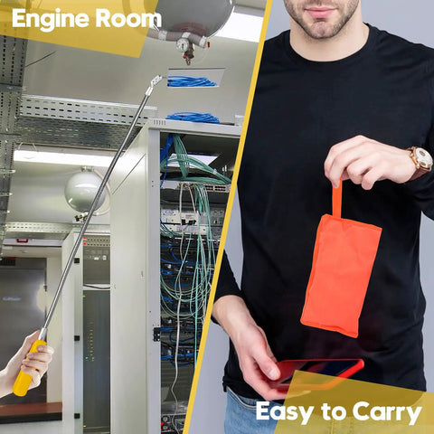 Person using Telescoping Inspection Mirror Kit With 4 Replaceable Mirrors Flexible Extendable Reach 360 Degree Rotating Round And Bendable Square Surfaces Extendable Mirror On A Stick Pro Grade Auto Storage Bag in engine room and carrying the orange storage bag.