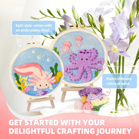 Easy Peasy Beginner Punch Needle Kit For Adults With All Tools And Materials Easy To Follow Instructions And Videos Water Soluble Pattern On Linen Axolotl And Octopus Design