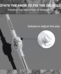 Anfrere metric tap and die tool with adjustable die holder knob, silver metal, close-up view