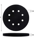 Five Pack 5 Inch Soft Density Interface Pads With Eight Hole Design, Hook And Loop Backing, 0.5 Inch Thick, Top and Side View