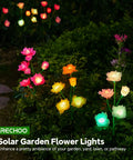 Solar Garden Lights Outdoor Decorative 3 Pack Rose Flower Pathway Lights with 7 Color Changing LEDs illuminating a garden path.
