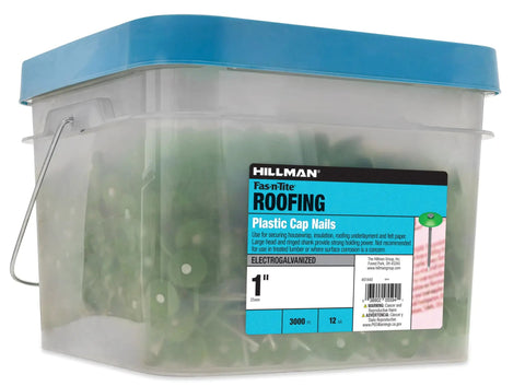 Rock Solid Electro Galvanized Roofing Nails Number 12 Gauge One Inch Long Spiral Shank With Flexible Plastic Cap Heads For House Wrap Sheathing And Underlayment Install in a clear bucket.