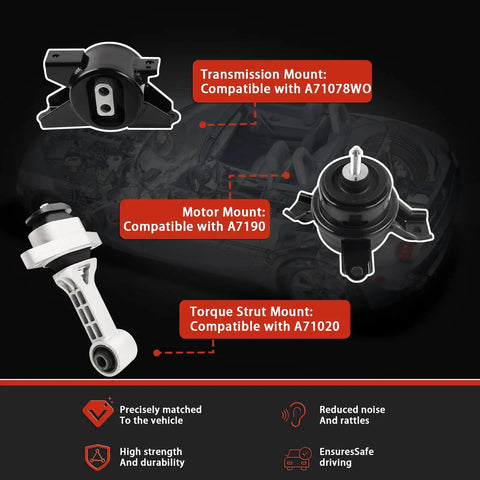 Beefed Up Engine Mount And Transmission Mount Kit For 2010 2011 2012 2013 Soul 1.6L 2.0L L4 Auto Reuse Bracket Set Three Piece Heavy Duty OE Replacement A7190 A71078WO A71020 Smooth Ride And Vibration Dampening, three-mount kit