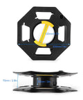 Black And Yellow Cable Tidy Reel For 25m Cables, hexagonal ABS frame, dimensions shown, side view for RVs and boats.