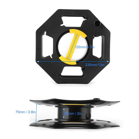 Black And Yellow Cable Tidy Reel For 25m Cables, hexagonal ABS frame, dimensions shown, side view for RVs and boats.