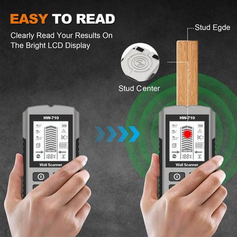 Wall Stud Finder Handheld Wall Scanner LCD Display Sensor showing detection of wood studs with clear readings.