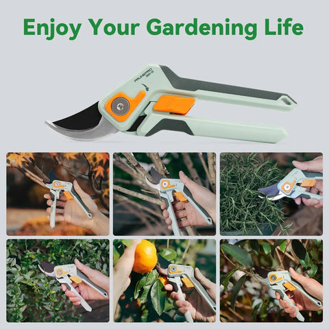 Pro Grade Bypass Pruning Shears For Gardening, 1 Inch Cut Capacity, sharp stainless steel blade in use on various plants and branches