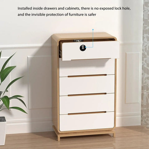 Seamless NFC Electronic Drawer Lock With Discreet Invisible Cabinet Mount For Quick Effortless Pantry Stashing And Dead Simple Smart Closet Access Control, installed in modern drawer.