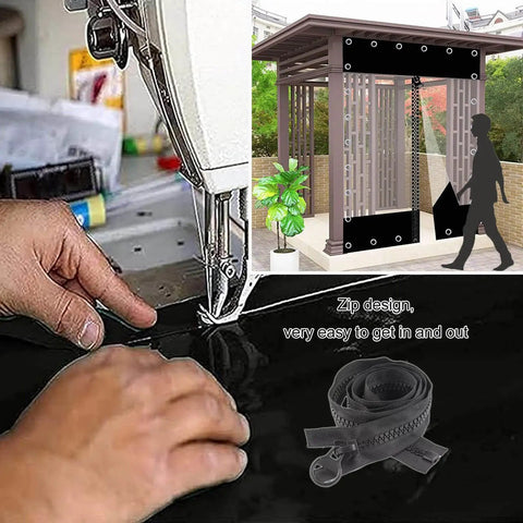 Slick Heavy Duty Clear Pvc Tarp Curtains With Zipper Side, waterproof panels for gazebo pergola, hand sewing detail.