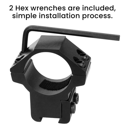 1 Inch Dovetail Scope Ring Set With 2 Medium Profile Mounts And Hex Wrenches, Fits Three Eighths Inch Dovetail Rails, includes hex wrench.