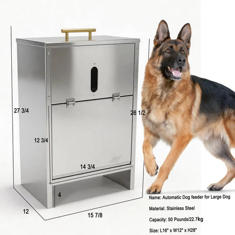 Built Tough Stainless Steel Dog Feeder For Large Breeds 50 Pound Automatic Kibble Dispenser showing exterior and dimensions