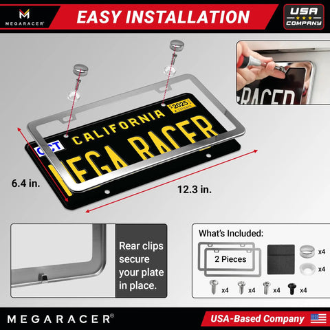 Slim Mirror Chrome License Plate Frames 2 Pack For Front And Rear Whips, showing easy installation and included accessories.