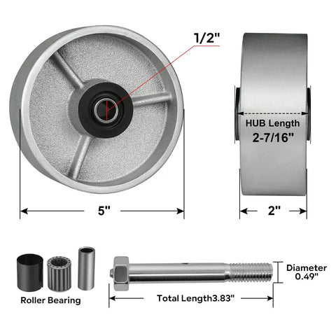 Tough As Nails Heavy Duty Industrial Caster Wheels 5 X 2 Inch Cast Iron Steel Replacement 1000 Lb Capacity With Roller Bearings Half Inch Bore dimensions, showing hub length and roller bearing detail.
