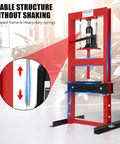 Beefy 6 Ton Hydraulic Shop Press With H Frame And Two Press Plates, Garage Floor Press For Auto Repairs, Metal Fabrication And Maintenance, Adjustable Work Table Height, Red; red 6-ton H-frame steel shop press with springs