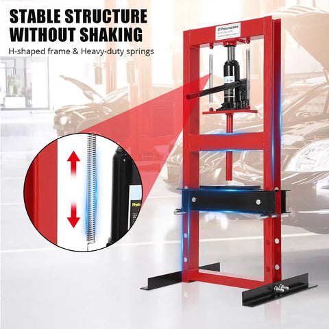 6 Ton Hydraulic Shop Press With H Frame Bearing Press in red, adjustable height, heavy-duty capacity for car repair and metalworking
