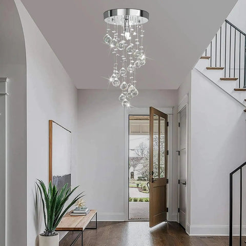 Spiral Crystal Chandelier Flush Mount With Raindrop Crystal Orbs Bangin Mini Ceiling Light Fixture 8 Inch in hallway