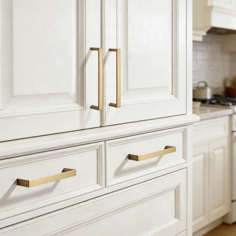Ten Pack Square Champagne Bronze Cabinet Pulls Three And Three Quarters Inch Solid Metal Drawer Handles For Your Kitchen Reno Cabinets 96mm Center To Center Durable Metal Hardware on white cabinets