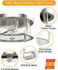 2 Light Farmhouse Rustic Flush Mount Ceiling Light Fixture with Clear Glass Shade and Brushed Nickel Finish