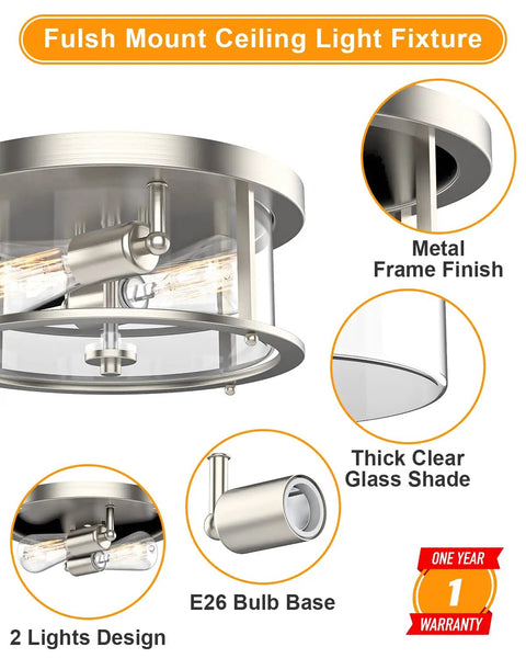 2 Light Farmhouse Rustic Flush Mount Ceiling Light Fixture with Clear Glass Shade and Brushed Nickel Finish