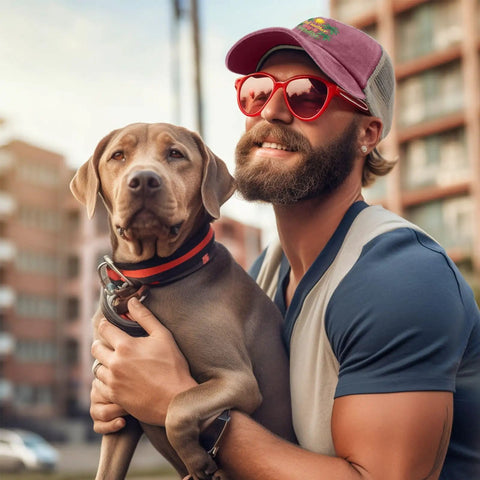 Man wearing Wine Red Dope Adjustable Summer Trucker Cap For Women, Modern Statement Hat With Classic Baseball Style, holding a dog