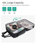 Open 40L rolling laptop bag with clothes and accessories inside, showing TSA lock, ideal for 17.3 inch laptops, perfect for travel.