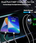 Keep Your Rig Charged Dual Port Car Charger With Quick Charge 3.0 And Six Foot Heavy Duty Nylon Braided USB C Cable For Motorola Phones Universal 12 To 24V Plug And Play Fast Fueling On The Road with two iPhones connected.
