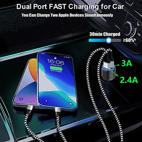 Keep Your Rig Charged Dual Port Car Charger With Quick Charge 3.0 And Six Foot Heavy Duty Nylon Braided USB C Cable For Motorola Phones Universal 12 To 24V Plug And Play Fast Fueling On The Road with two iPhones connected.