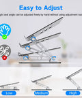Adjustable Laptop Stand For Desk With Ergonomic Design, Ventilated Cooling, and Foldable Metal Riser showing adjustable heights