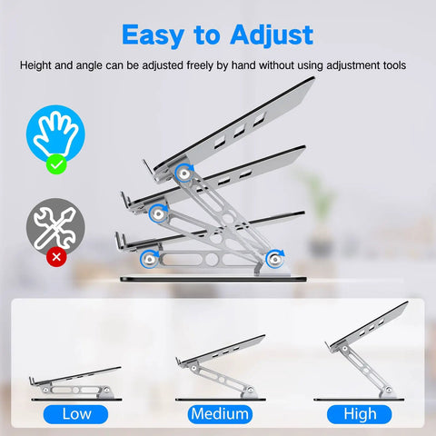 Adjustable Laptop Stand For Desk With Ergonomic Design, Ventilated Cooling, and Foldable Metal Riser showing adjustable heights
