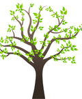 Illustration of Giant Cartoon Brown Tree Wall Decals Set, Peel and Stick Leaves, Removable Wall Sticker with green leaves.