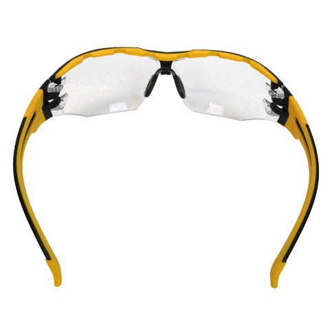 Lightweight Safety Glasses With Antifog Clear Lenses Offer Heavy Duty Wraparound Coverage That Blocks Dust And Falling Debris On Any Job Site The Snug Tpr Brow Guard Delivers Solid Side Shielding And Crisp Vision For All Day Shop Floor Comfort from front view with yellow and black frame.