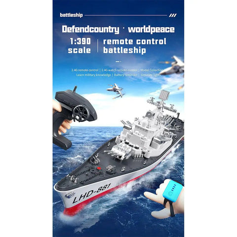 RC Battleship Model LHD-881 1/390 with remote control and watch remote, featuring dual motors and night cue lights.