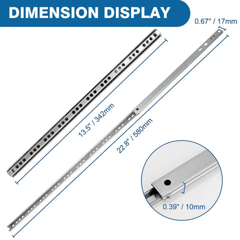 Heavy Duty Ball Bearing Drawer Slides 12 Piece Set With Bullproof Two Way Glide Tracks 13.5 Inch dimensions display of slide rails.
