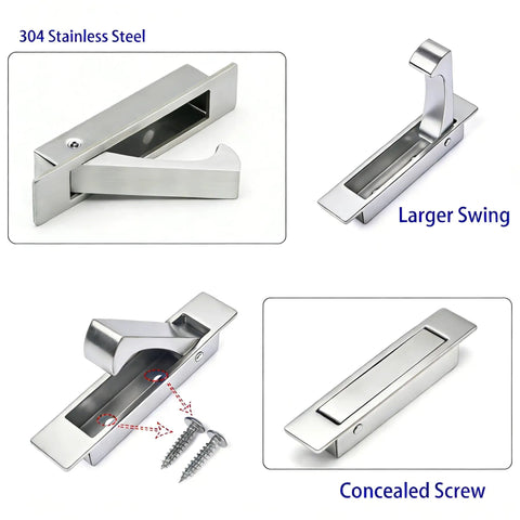 Heavy Duty Satin Nickel Pocket Door Handles Featuring Flush Edge Pull Design With Self Retracting Glide For No Sweat Indoor Outdoor Install Plus Tough As Nails 304 Stainless Steel Construction And Sleek Vibe, showcasing concealed screws and larger swing.