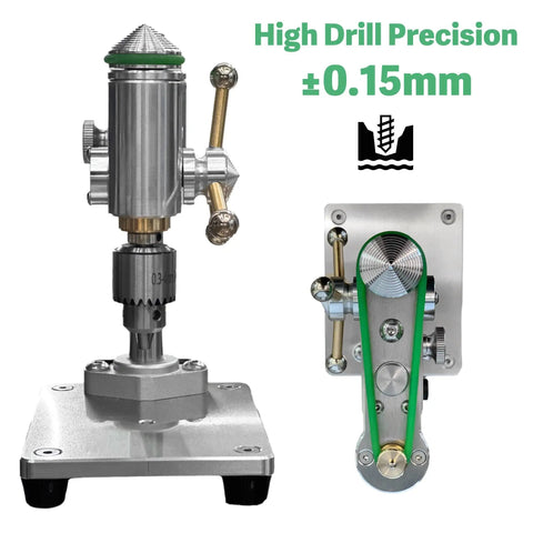 Kickass Mini Drill Press And Compact Benchtop Drilling Station for High Precision Woodworking and Epoxy Casting featuring detailed metal design.