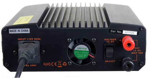 Back view of Heavy Duty 30 Amp DC 13.8V Digital Switching Power Supply With Noise Offset for Ham Radios and CBs, showing connectors and labels.