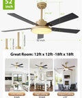 52 Inch Gold And Black Ceiling Fan With Lights And Remote App Indoor Outdoor Smart Fan shown with room size examples
