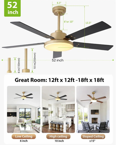 52 Inch Gold And Black Ceiling Fan With Lights And Remote App Indoor Outdoor Smart Fan shown with room size examples